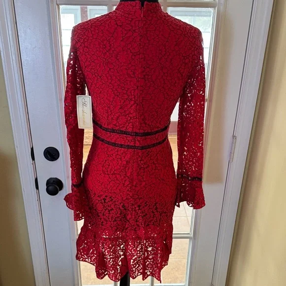 Shoshanna Romantic Red Lace Long Sleeve Keyhole Dress NWT Anthropologie - Picture 10 of 16